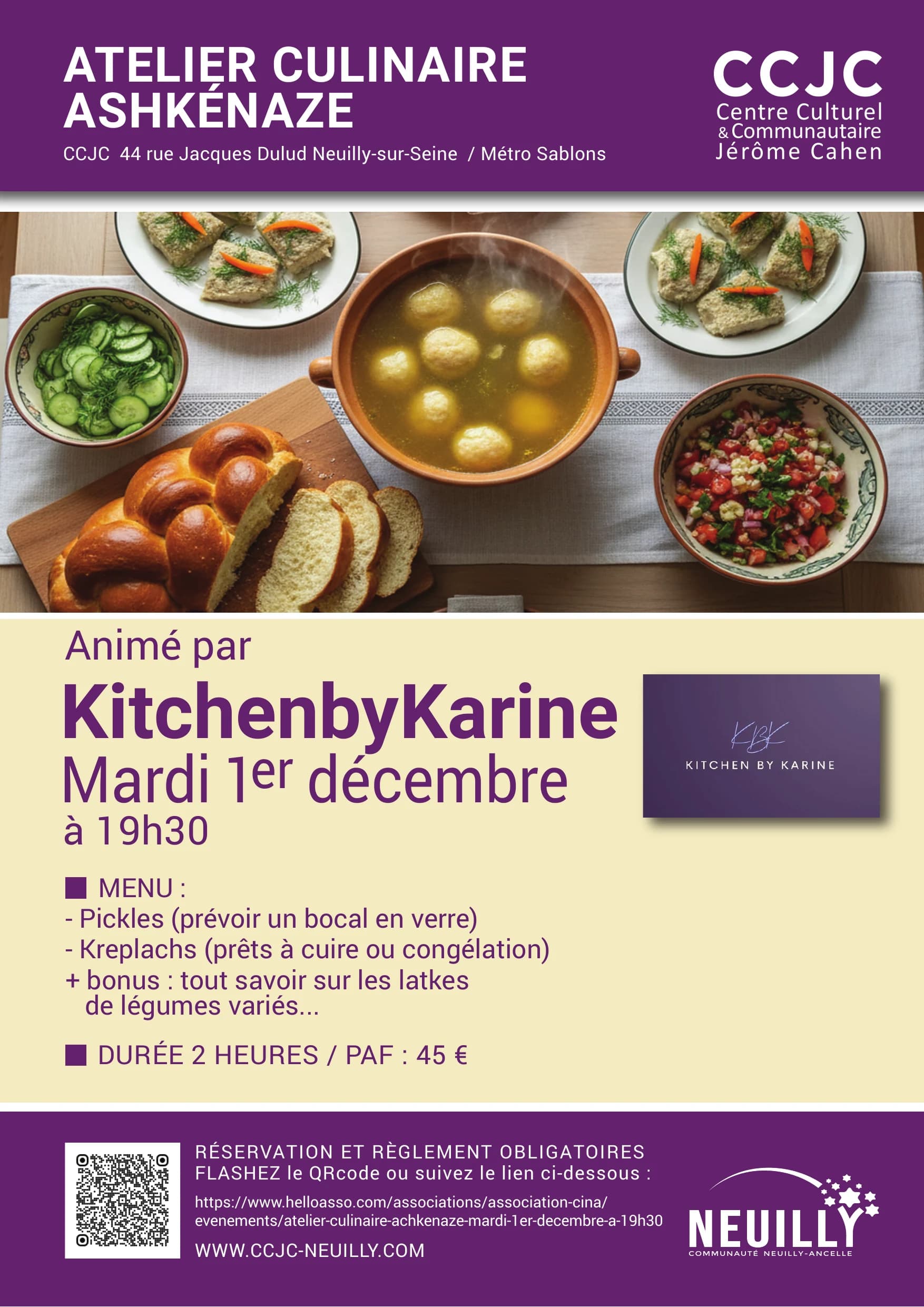 Affiche officielle de l’atelier culinaire ashkénaze animé par KitchenbyKarine au CCJC